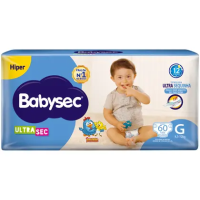 Fralda Babysec Ultra Sec Hiper com 60 Tam G de 8,5 - 12kg 