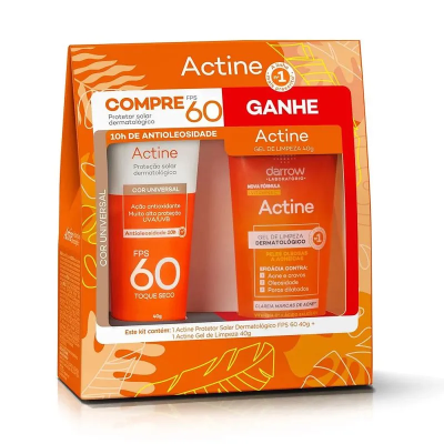Actine Protetor Solar FPS 60 Facial Toque Seco 40g + Gel Limpeza 40g